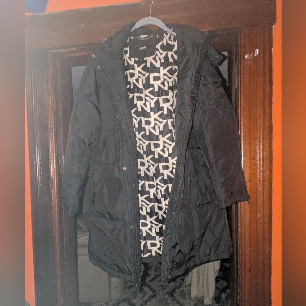 DKNY Black Puffer Coat with Logo-Print Lining